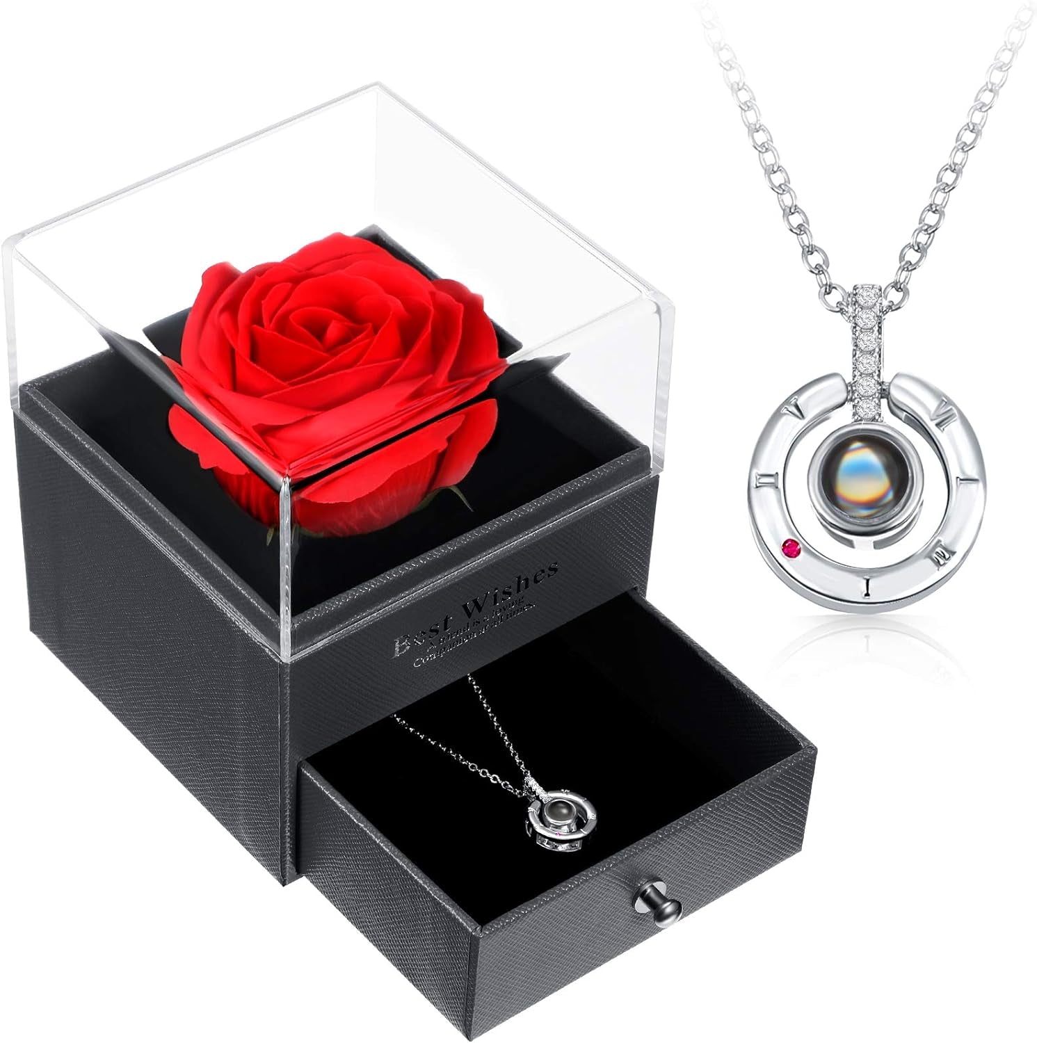 I Love You Necklace 100 Languages Projection Pendant Necklace with Red Rose Package Box round Crystal Pendant Loving Memory Collarbone Necklace with Rose Jewelry for Valentine'S Day